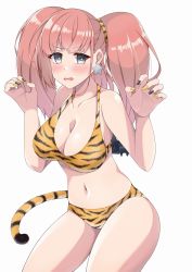 Rule 34 | 1girl, alternate costume, anchor hair ornament, animal print, atlanta (kancolle), bikini, black nails, breasts, brown hair, cowboy shot, earrings, fake tail, grey eyes, hair ornament, highres, jewelry, kantai collection, large breasts, long hair, nail polish, navel, otobi, print bikini, simple background, single earring, solo, standing, star (symbol), star earrings, swimsuit, tail, tiger print, tiger tail, two side up, white background, yellow nails