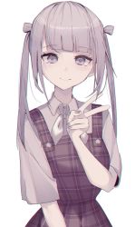 Rule 34 | 1girl, bad id, bad pixiv id, blush, breasts, brown dress, brown hair, chromatic aberration, closed mouth, collared shirt, commentary request, dress, dress shirt, grey eyes, grey nails, hand up, highres, long hair, nail polish, original, plaid, plaid dress, shirt, short sleeves, simple background, sleeveless, sleeveless dress, small breasts, smile, solo, tsuruse, twintails, upper body, v, white background, white neckwear, white shirt