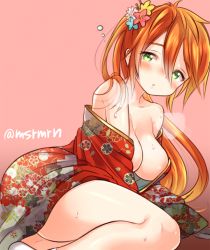 Rule 34 | 1girl, ass, bad id, bad pixiv id, black gloves, blonde hair, blush, breasts, cleavage, earrings, floral print, flower, gloves, gradient background, gradient hair, green eyes, hair flower, hair ornament, heavy breathing, japanese clothes, jewelry, kimono, leilan (p&amp;d), long hair, looking at viewer, lying, mashiro miru, multicolored hair, off shoulder, on side, orange hair, parted lips, pink background, puzzle &amp; dragons, side ponytail, solo, sweat