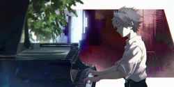 Rule 34 | 1boy, absurdres, closed mouth, closed eyes, grey hair, highres, huge filesize, indoors, instrument, kyuuba melo, male focus, music, nagisa kaworu, neon genesis evangelion, piano, plant, playing instrument, playing piano, sleeves rolled up, smile, solo