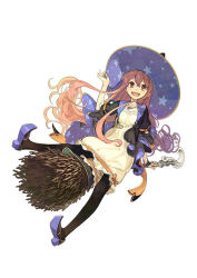 Rule 34 | 10s, 1girl, atelier (series), atelier escha &amp; logy, black pantyhose, bow, broom, brown eyes, dress, female focus, full body, hand on headwear, hat, hidari (left side), high heels, jewelry, long hair, looking at viewer, official art, pantyhose, pendant, pink hair, print headwear, ribbon, riding, shoes, sidelocks, simple background, skirt, smile, solo, star (symbol), star print, swept bangs, white background, wilbell voll-ersleid, witch, witch hat