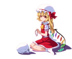 Rule 34 | 1girl, anime coloring, ascot, blonde hair, bow, female focus, flandre scarlet, flower, hat, hat bow, long hair, looking at viewer, okina ika, puffy sleeves, red eyes, short sleeves, side ponytail, sitting, skull, solo, touhou, wariza, wings, wreath