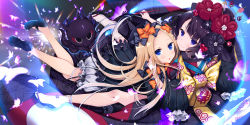 Rule 34 | 2girls, abigail williams (fate), absurdres, animal, black bow, black dress, black footwear, black hat, black kimono, blonde hair, bloomers, blue eyes, blush, bow, bug, butterfly, calligraphy brush, closed mouth, commentary request, dress, fate/grand order, fate (series), forehead, hair bow, hair ornament, hat, high heels, highres, holding, holding paintbrush, insect, japanese clothes, katsushika hokusai (fate), kimono, ko yu, long hair, long sleeves, looking at viewer, mary janes, multiple girls, octopus, orange bow, paintbrush, parted bangs, parted lips, polka dot, polka dot bow, purple eyes, purple hair, sandals, shoe soles, shoes, sleeves past fingers, sleeves past wrists, smile, tabi, tokitarou (fate), underwear, very long hair, white bloomers, white legwear, zouri