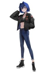 Rule 34 | 1girl, absurdres, alternate costume, american flag, black bra, black footwear, black jacket, blue eyes, blue hair, blue pants, bomber jacket, bow, bow earrings, bra, breasts, cleavage, closed mouth, commentary, cross-laced footwear, denim, earrings, full body, hair intakes, hand in pocket, hand on own head, highres, hololive, hololive english, jacket, jeans, jewelry, looking at viewer, medium breasts, navel, open clothes, open jacket, ouro kronii, pants, roupo99, shoes, short hair, simple background, smile, solo, sports bra, standing, stomach, underwear, unzipped, virtual youtuber, white background