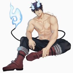 Rule 34 | 1boy, abs, ao no exorcist, artist name, blue eyes, blue fire, blue hair, boots, brown footwear, closed mouth, collarbone, commentary, commission, cross-laced footwear, demon boy, demon tail, english commentary, fang, fang out, fire, full body, fur-trimmed boots, fur trim, hair between eyes, jouvru, lace-up boots, looking at viewer, male focus, muscular, navel, okumura rin, pants, pectorals, pointy ears, sitting, solo, tail, toned, topless male, white background