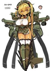 Rule 34 | 10s, 1girl, 2016, ah-64 apache, attack helicopter, blonde hair, breasts, dark-skinned female, dark skin, dated, framed breasts, gunship, helicopter, helicopter gunship, huge breasts, looking at viewer, mecha musume, miniskirt, parted lips, personification, pleated skirt, rocket, rondo bell, rotor, skirt, solo, white background, yellow eyes