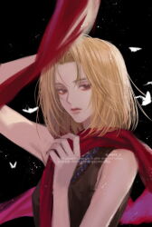 Rule 34 | 1girl, bead necklace, beads, black tank top, blonde hair, brown eyes, bug, butterfly, commentary, insect, jewelry, kyouyama anna, necklace, red scarf, scarf, shaman king, solo, tank top, twitter username, upper body, vrekx x, watermark
