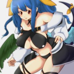 Rule 34 | 1girl, arc system works, asymmetrical wings, bare shoulders, blue hair, bow, breasts, dizzy (guilty gear), guilty gear, hair bow, koyama (gantz0409jp), large breasts, midriff, navel, red eyes, ribbon, solo, tail, tail ornament, tail ribbon, thighhighs, white background, wings