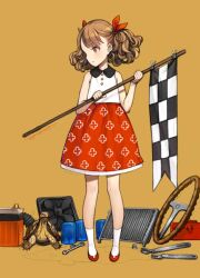 Rule 34 | 1girl, bare shoulders, blush, brown background, brown eyes, brown hair, commentary request, dress, flag, full body, hair ribbon, holding, holding flag, medium hair, ooyari ashito, original, parted lips, print dress, red ribbon, ribbon, simple background, sleeveless, sleeveless dress, solo, steering wheel, toolbox, turtle, wavy hair, wrench