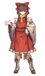 Rule 34 | 1girl, absurdres, adapted costume, alternate footwear, arm garter, arm strap, bare shoulders, beige footwear, boots, bow, brown eyes, brown hair, closed mouth, commentary request, cross-laced footwear, frilled bow, frilled skirt, frills, full body, hair bow, hair tubes, hakurei reimu, hand up, highres, knee boots, lace-up boots, long scarf, long skirt, long sleeves, looking at viewer, outstretched hand, partial commentary, red bow, red ribbon, red shirt, red skirt, ribbon, scarf, shirt, short hair, sidelocks, simple background, skirt, skirt set, smile, solo, standing, touhou, white background, wide sleeves, yanyan (shinken gomi), yellow neckwear, yellow scarf