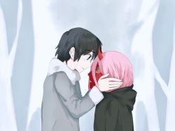 Rule 34 | 10s, 1boy, 1girl, black cloak, black hair, blue eyes, cloak, coat, colored sclera, colored skin, commentary request, couple, darling in the franxx, face-to-face, forehead-to-forehead, fringe trim, fur trim, green eyes, grey coat, hands on another&#039;s face, heads together, highres, hiro (darling in the franxx), hood, hooded cloak, horns, littlebird label, long hair, looking at another, oni horns, parka, pink hair, red horns, red pupils, red sclera, red skin, short hair, winter clothes, winter coat, aged down, zero two (darling in the franxx)