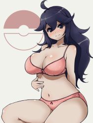 Rule 34 | 1girl, ahoge, alternate breast size, arm behind back, black hair, blush, bow, bow bra, bow panties, bra, breasts, cleavage, closed mouth, commentary, creatures (company), crotch seam, fangs, frown, game freak, hand on own stomach, hex maniac (pokemon), highres, lace, lace-trimmed bra, lace-trimmed panties, lace trim, large breasts, long hair, looking at viewer, messy hair, navel, nintendo, panties, petsuo (penpen), pink bra, pink panties, poke ball symbol, pokemon, pokemon xy, polka dot, polka dot bra, polka dot panties, ringed eyes, sitting, skin fangs, solo, sweat, underwear, underwear only, white background