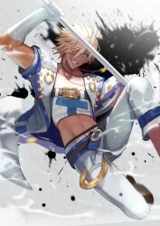 1boy alternate_color alternate_skin_color belt belt_buckle black_belt blonde_hair blue_belt blue_eyes buckle chest_belt collarbone cross cross_necklace elbow_gloves eyepatch feet_out_of_frame gloves groin guilty_gear guilty_gear_xrd holding holding_weapon jacket jewelry knee_up lapels lloule looking_at_viewer male_focus midriff multicolored_clothes multicolored_jacket multiple_belts navel necklace official_alternate_color official_alternate_skin_color one_eye_covered open_clothes open_jacket pants sin_kiske solo strapless tube_top water_drop weapon white_gloves white_pants