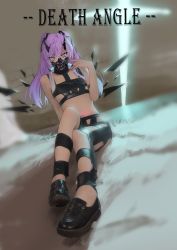 Rule 34 | 1girl, absurdres, black footwear, english text, fish g, flat chest, glowing, highres, long hair, mask, midriff, mouth mask, navel, original, pubic tattoo, purple eyes, purple hair, sitting, solo, stomach tattoo, tattoo, wings