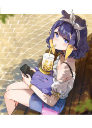 Rule 34 | 1girl, absurdres, bare shoulders, bench, blue eyes, blunt bangs, blush, bracelet, bubble tea, cellphone, drinking, drinking straw, hairband, highres, hololive, hololive english, jewelry, looking at viewer, lucferz, mole, mole under eye, ninomae ina&#039;nis, phone, pointy ears, purple hair, short hair, shorts, sitting, smartphone, takodachi (ninomae ina&#039;nis), tentacle hair, virtual youtuber