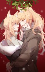 Rule 34 | 2girls, animal ear fluff, animal ears, arknights, aunt and niece, black jacket, blonde hair, blue eyes, blush, bow, brown jacket, chinese commentary, commentary, english commentary, fang, fur-trimmed jacket, fur trim, gemi 25, hair bow, highres, horse ears, hug, incest, jacket, long hair, looking at another, mistletoe, mixed-language commentary, multiple girls, nearl (arknights), open mouth, ponytail, red background, skin fang, snow, sweater, turtleneck, upper body, whislash (arknights), white sweater, yellow eyes, yuri