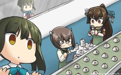 Rule 34 | 3girls, apron, bespectacled, bow, breast padding, brown eyes, brown hair, clipboard, commentary request, conveyor belt, dated, detached sleeves, empty eyes, factory, glasses, green hair, hamu koutarou, headgear, highres, kantai collection, long hair, multiple girls, open mouth, ponytail, radar, school uniform, short hair, taihou (kancolle), takanami (kancolle), type 91 armor-piercing shell, yamato (kancolle)