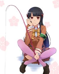 Rule 34 | 10s, 1girl, aoki hagane no arpeggio, armband, ashigara (aoki hagane no arpeggio), bad id, bad pixiv id, black hair, fishing rod, head rest, indian style, loafers, long hair, pink thighhighs, red eyes, sanka, school uniform, shoes, sitting, solo, thighhighs