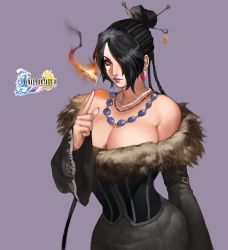Rule 34 | 1girl, absurdres, bare shoulders, black dress, black hair, breasts, cleavage, commentary, dress, earrings, english commentary, final fantasy, final fantasy x, fire, grey background, hair bun, hair ornament, hair over one eye, highres, index finger raised, jewelry, large breasts, lipstick, long hair, lulu (ff10), magic, makeup, mole, mole under mouth, nail polish, necklace, purple nails, red eyes, single hair bun, solo, square enix, strap, wide sleeves, zelus