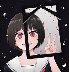Rule 34 | 1girl, black background, black hair, cross, hand up, highres, iei, looking at viewer, original, parted lips, petals, portrait, red eyes, sailor collar, short hair, slit pupils, smile, solo, v, white sailor collar, yajirushi (chanoma)