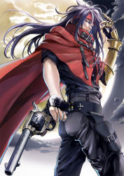 Rule 34 | 1990s (style), 1boy, black hair, cape, final fantasy, final fantasy vii, gun, headband, highres, long hair, looking at viewer, male focus, moon, red eyes, solo, vincent valentine, weapon, yonesuke