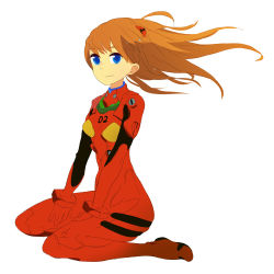 Rule 34 | 1girl, artist request, bodysuit, breasts, brown hair, floating hair, hair between eyes, hair ornament, long hair, looking at viewer, neon genesis evangelion, pilot suit, plugsuit, red bodysuit, shiny clothes, shiny skin, simple background, sitting, skin tight, solo, souryuu asuka langley, two side up, very long hair, wide hips