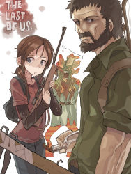 Rule 34 | 1boy, 1girl, :t, animification, bad id, bad pixiv id, beard, brown hair, clicker (the last of us), copyright name, double v, ellie (the last of us), facial hair, gun, joel (the last of us), layered sleeves, long sleeves, manly, mustache, open mouth, osuman toruko, rifle, shirt, short over long sleeves, short sleeves, t-shirt, the last of us, the last of us (series), v, weapon