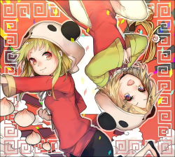 Rule 34 | ayatoki-1, bad id, bad pixiv id, blonde hair, blue eyes, china dress, chinese clothes, dress, green hair, gumi, hair ornament, hairclip, highres, kagamine rin, looking at viewer, multiple girls, open mouth, panda hat, red eyes, short hair, smile, upside-down, vocaloid, yi er fan club (vocaloid)