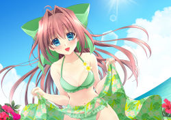 Rule 34 | 1girl, asakura otome, bikini, blue eyes, blush, bow, breasts, brown hair, clothes lift, cloud, cloudy sky, collarbone, commentary request, da capo, da capo ii, day, dutch angle, floating hair, flower request, green bikini, green bow, hair between eyes, hair bow, hair intakes, halterneck, highres, kayura yuka, light rays, long hair, looking at viewer, navel, ocean, open mouth, sarong, sarong lift, sky, small breasts, smile, solo, swimsuit