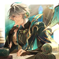 Rule 34 | 1boy, alhaitham (genshin impact), aqua hair, artist name, black gloves, blue eyes, book, book stack, cape, chest jewel, closed mouth, detached sleeves, genshin impact, gloves, grey hair, hair between eyes, hair over one eye, highres, holding, holding quill, looking at viewer, male focus, multicolored hair, paper, partially fingerless gloves, quill, scroll, solo, upper body, vision (genshin impact), yuelight
