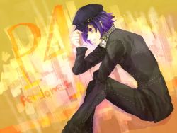 Rule 34 | 1girl, androgynous, atlus, bad id, bad pixiv id, cabbie hat, female focus, hat, houndstooth, persona, persona 4, purple eyes, purple hair, reverse trap, school uniform, shirogane naoto, sitting, solo, zome