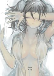Rule 34 | 1girl, arm up, breasts, covered eyes, dated, grey hair, hand up, medium breasts, messy hair, no bra, open clothes, open shirt, original, parted lips, rayvon, see-through, shirt, short sleeves, solo, twintails, upper body, wet, wet clothes, wet shirt