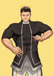 Rule 34 | 1boy, abs, absurdres, baimeme, bara, beard, biceps, black hair, clenched hand, collared shirt, facial hair, fire, highres, large pectorals, looking at viewer, male focus, manly, mature male, muscular, muscular male, original, pants, pectorals, serious, shirt, short sleeves, solo, sparkle, spiked hair, teeth, thick arms, tight clothes, tokyo houkago summoners, veins, veiny arms, zabaniyya (housamo)