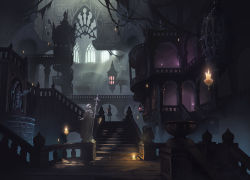 Rule 34 | 1girl, cage, candle, castle, commentary, doora (dora0913), fantasy, holding, holding lantern, indoors, lantern, light particles, long hair, original, scenery, skeleton, skull, solo, stairs, statue, sunlight, window