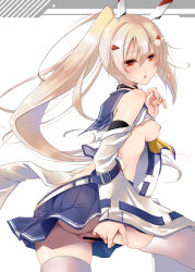 Rule 34 | 1girl, ass, ayanami (azur lane), azur lane, bar censor, bare shoulders, blonde hair, blue skirt, blush, breasts, breasts out, censored, clothes lift, detached sleeves, from below, from side, hair between eyes, hair ornament, headgear, high ponytail, highres, long hair, looking at viewer, looking back, medium breasts, nipples, no panties, open mouth, pleated skirt, ponytail, pussy, red eyes, sailor collar, school uniform, serafuku, shirt, simple background, skindentation, skirt, solo, tareme, theta (ponkotsu works), thighhighs, white background, white thighhighs
