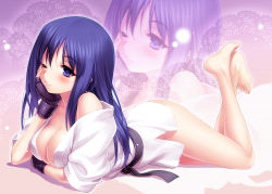 Rule 34 | 1girl, ;3, bare shoulders, barefoot, black gloves, blue eyes, blue hair, blush, bottomless, breasts, cleavage, feet, fingerless gloves, gloves, hand on own cheek, hand on own face, kurusugawa ayaka, large breasts, long hair, looking at viewer, lying, matching hair/eyes, naked shirt, off shoulder, on stomach, one eye closed, open clothes, purple eyes, purple hair, shirt, sleeves rolled up, smile, solo, to heart, to heart (series), wink, zen, zoom layer