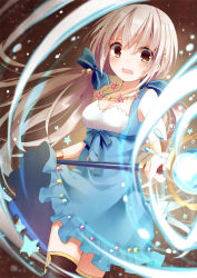 Rule 34 | 1girl, blurry, breasts, brown eyes, cleavage, depth of field, hair ornament, hairclip, holding, jewelry, long hair, looking at viewer, low twintails, medium breasts, necklace, open mouth, original, silver hair, solo, staff, twintails, wind, yon (letter)