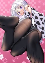 Rule 34 | 1girl, :d, animal print, ass, black nails, black pantyhose, blush, checkered background, commentary request, cow print, feet, fine fabric emphasis, floral background, from below, gurande (g-size), hair between eyes, highres, japanese clothes, kimono, long sleeves, looking at viewer, looking down, multicolored nails, nail polish, no shoes, open mouth, original, panties, panties under pantyhose, pantyhose, pink background, print kimono, print panties, purple eyes, silver hair, smile, soles, solo, sumeragi hakua, thighband pantyhose, underwear, white kimono, white nails, wide sleeves