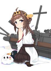 Rule 34 | 1girl, :&gt;, aged down, ahoge, alakoala, bare shoulders, black skirt, black thighhighs, blush, brown hair, dated, detached sleeves, double bun, failure penguin, hair bun, hairband, headgear, highres, japanese clothes, kantai collection, kongou (kancolle), long hair, machinery, miss cloud, nontraditional miko, pleated skirt, purple eyes, signature, skirt, smile, solo, thighhighs, turret, white background