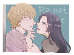 Rule 34 | 1boy, 1girl, black hair, blonde hair, blue eyes, boa hancock, donquixote rocinante, earrings, highres, holding another&#039;s wrist, jewelry, lips, long hair, looking at another, one piece, open mouth, outside border, review jujur, shirt, short hair, snake earrings