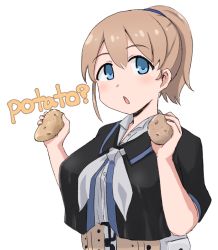 Rule 34 | 1girl, black shirt, blue eyes, brown hair, chestnut mouth, commentary request, intrepid (kancolle), junes, kantai collection, looking at viewer, neckerchief, official style, open mouth, ponytail, potato, revision, shibafu (glock23) (style), shirt, short hair, solo, transparent background, upper body, white background, white neckerchief