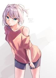 Rule 34 | 1girl, absurdres, alternate costume, artist name, black shorts, blue eyes, character name, closed mouth, dated, feet out of frame, hair between eyes, highres, kantai collection, pink hair, pink shirt, ponytail, shiranui (kancolle), shirt, short hair, short sleeves, shorts, solo, twitter username, u yuz xx