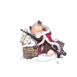 Rule 34 | 1girl, aged down, assault rifle, bell, blonde hair, blush, boots, box, braid, brown gloves, christmas, cloak, closed eyes, closed mouth, full body, fur, fur trim, g36 (every child&#039;s x&#039;mas dream) (girls&#039; frontline), g36 (girls&#039; frontline), girls&#039; frontline, glasses, gloves, gun, hair bell, hair between eyes, hair ornament, holding, hood, hood down, imoko (imonatsuki), medium hair, merry christmas, official alternate costume, official art, rifle, sitting, sleeping, sleeveless, smile, snow, solo, transparent background, weapon