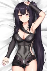Rule 34 | 1girl, absurdres, architect (girls&#039; frontline), armpits, asymmetrical clothes, barettoarts, black hair, blush, breasts, cameltoe, cleavage, collarbone, dakimakura (medium), girls&#039; frontline, hair between eyes, highres, long hair, looking at viewer, lying, nail polish, pink eyes, pink nails, pinstripe pattern, side ponytail, smile, solo, striped, teeth, thighs, very long hair