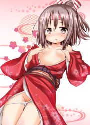Rule 34 | 10s, blush, breasts, brown eyes, brown hair, covering privates, covering breasts, fang, hair ribbon, inyucchi, japanese clothes, kantai collection, kimono, long hair, looking at viewer, no bra, off shoulder, open mouth, panties, panty pull, ponytail, ribbon, small breasts, solo, underwear, white panties, zuihou (kancolle)