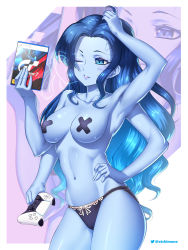 Rule 34 | 1girl, armpits, black panties, blue eyes, blue hair, blue skin, breasts, closed mouth, colored skin, controller, cracked skin, elden ring, etchimune, extra faces, game console, gran turismo, long hair, looking at viewer, navel, one eye closed, panties, playstation 5, playstation controller, ranni the witch, smile, solo, underwear, video game