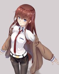 Rule 34 | 1girl, belt, black pantyhose, blue eyes, breast pocket, breasts, brown coat, brown hair, coat, collared shirt, commentary request, from above, grey background, highres, long hair, long sleeves, looking at viewer, looking up, makise kurisu, necktie, off shoulder, open clothes, open coat, pantyhose, parted lips, pocket, red necktie, shirt, short shorts, shorts, sidelocks, simple background, small breasts, smile, solo, steins;gate, wata0933, white shirt