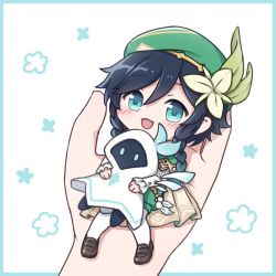 Rule 34 | 1boy, androgynous, barbatos (genshin impact), beret, black hair, blue hair, blush, braid, cape, chibi, cloak, detached wings, elemental (creature), flower, flower (symbol), frilled sleeves, frills, genshin impact, giant hand, gradient hair, green eyes, green headwear, green shorts, hair flower, hair ornament, hat, hood, hood up, hooded cloak, hug, long sleeves, looking at viewer, male focus, multicolored hair, open mouth, pantyhose, short hair with long locks, shorts, simple background, smile, softrabbit, solo focus, twin braids, venti (genshin impact), white background, white flower, white pantyhose, wings