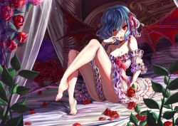 Rule 34 | 1girl, alternate costume, bare shoulders, barefoot, bat wings, bed, blood, blue hair, canopy bed, dress, flower, frilled dress, frills, hair ribbon, legs, lips, looking at viewer, mimika (puetilun), night, night sky, no headwear, on bed, open mouth, reclining, red eyes, red flower, red rose, remilia scarlet, ribbon, rose, short hair, sitting, sky, solo, star (sky), starry sky, strapless, strapless dress, touhou, tsurime, wings