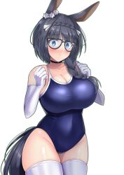 Rule 34 | 1girl, absurdres, animal ears, black-framed eyewear, blue eyes, blue one-piece swimsuit, blush, braid, braided ponytail, breasts, cela f, cleavage, commentary request, cowboy shot, crown braid, ear ornament, elbow gloves, gloves, highres, horse ears, horse girl, horse tail, large breasts, one-piece swimsuit, ponytail, simple background, solo, swimsuit, tail, thighhighs, umamusume, white background, white gloves, white thighhighs, zenno rob roy (umamusume)